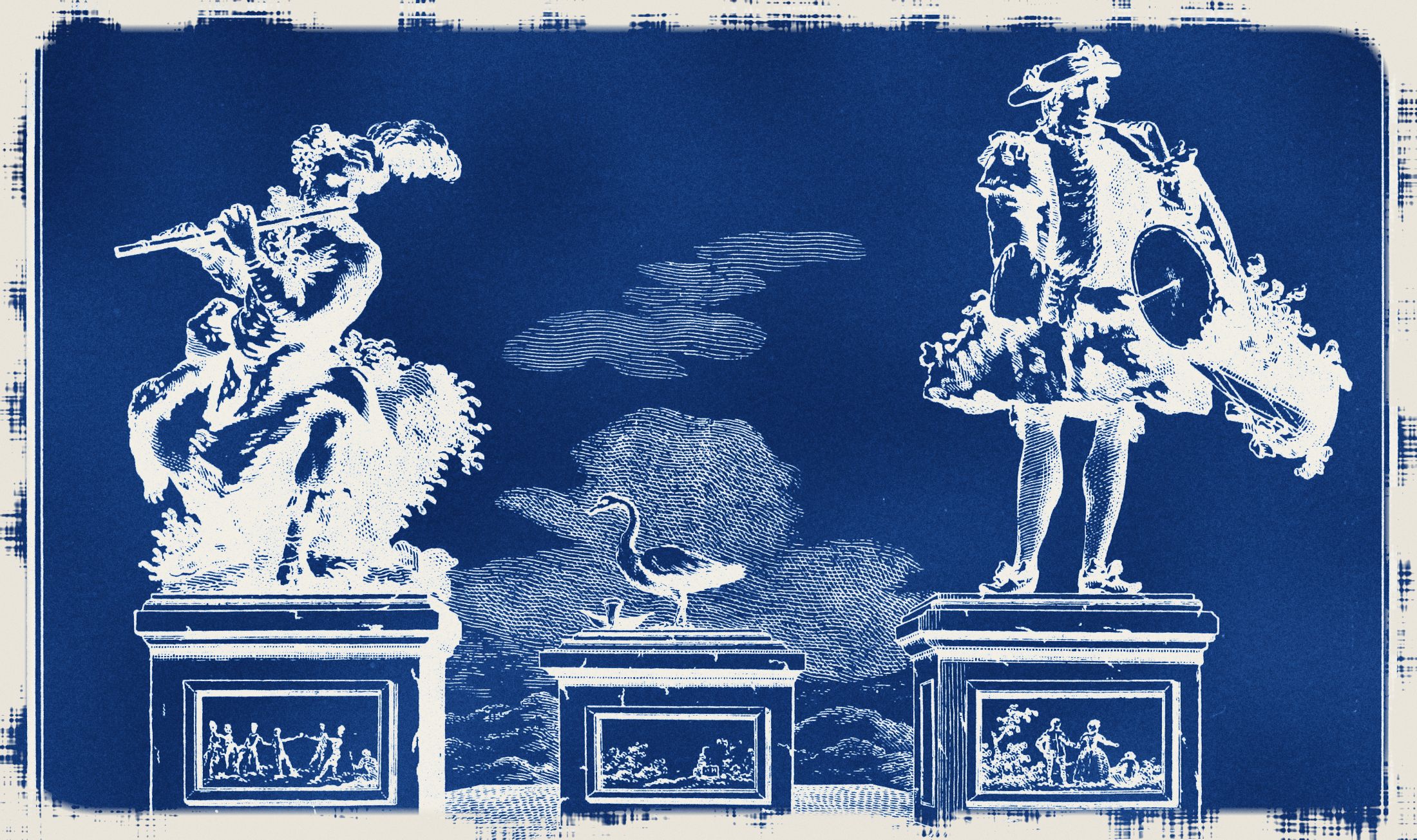 Vaucanson's automata: a flute player, a mechanical duck and a drummer on pedestals, printed in Prussian blue